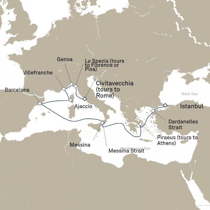 Queen Elizabeth Voyage Q720E itinerary map from Civitavecchia (tours to Rome), Italy to Istanbul, Turkey