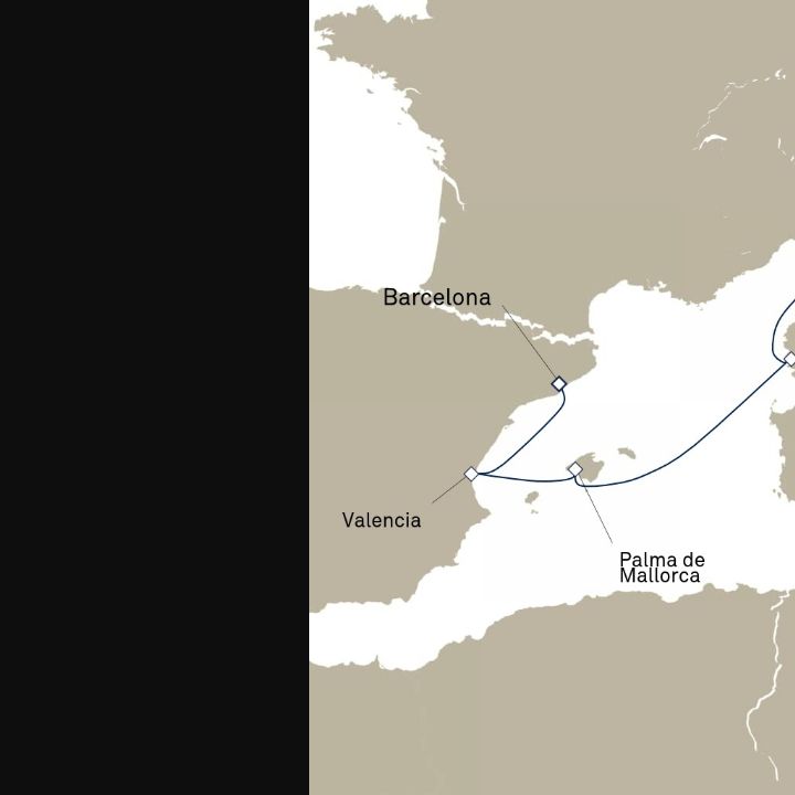 Queen Elizabeth Voyage Q719A itinerary map from Civitavecchia (tours to Rome), Italy to Barcelona, Spain