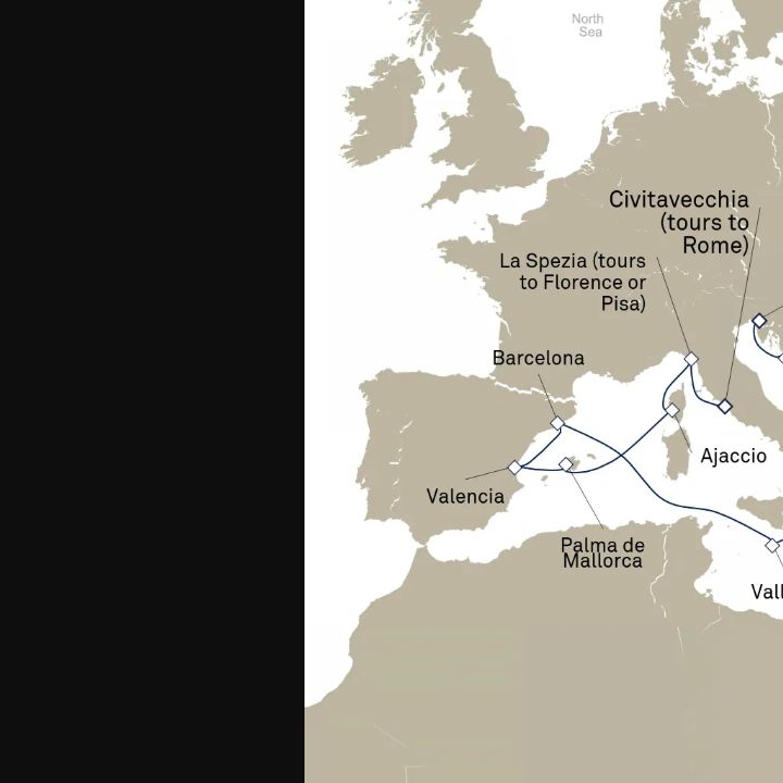 Queen Elizabeth Voyage Q719 itinerary map from Civitavecchia (tours to Rome), Italy to Trieste, Italy