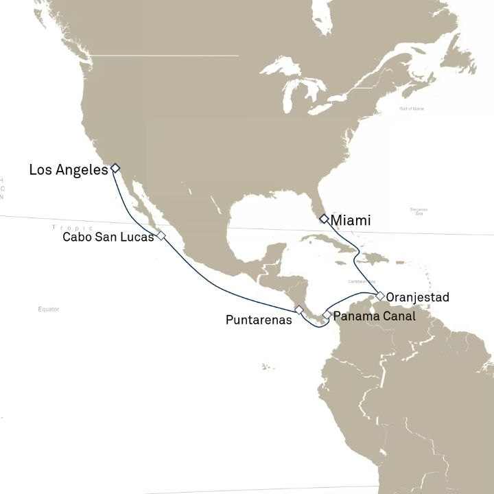 Queen Elizabeth Voyage Q808 itinerary map from Los Angeles, CA, USA to Miami, FL, USA