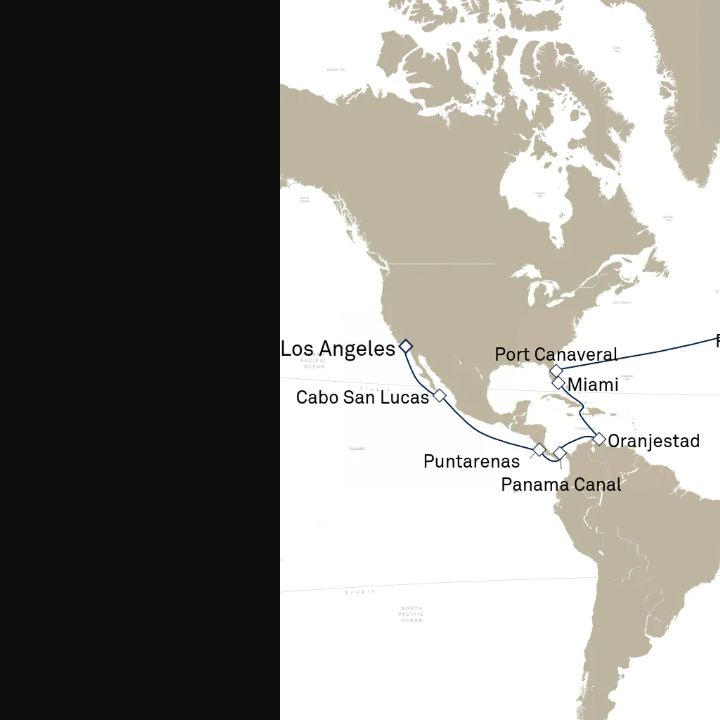 Queen Elizabeth Voyage Q808A itinerary map from Los Angeles, CA, USA to Southampton, England, UK