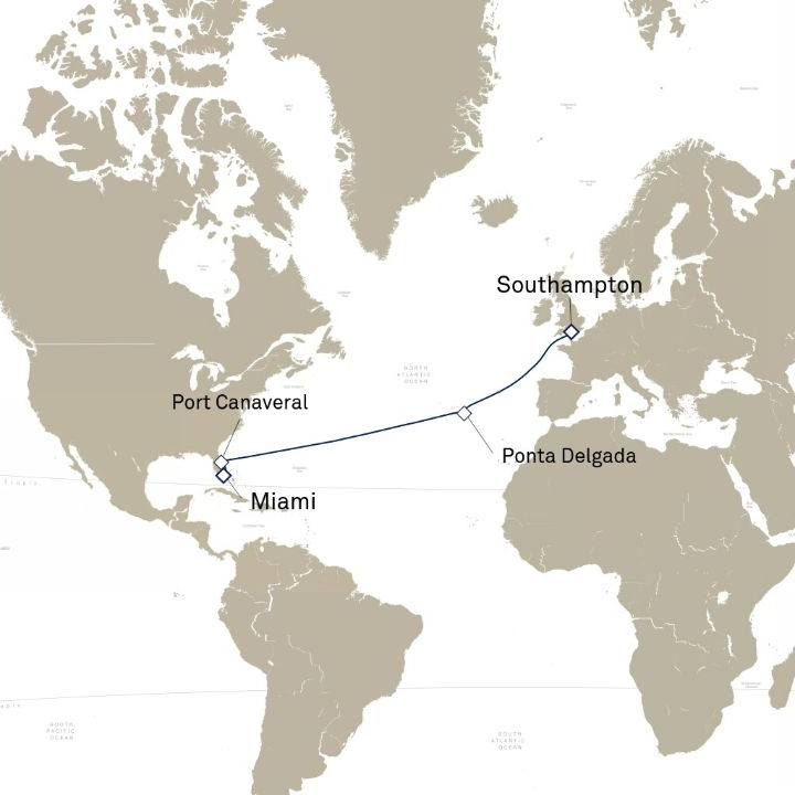Queen Elizabeth Voyage Q809 itinerary map from Miami, FL, USA to Southampton, England, UK