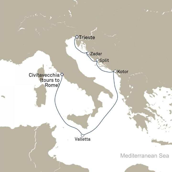 Queen Elizabeth Voyage Q824 itinerary map from Civitavecchia (tours to Rome), Italy to Trieste, Italy