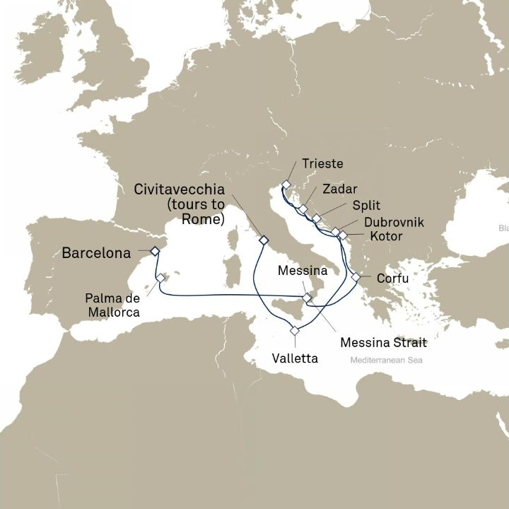 Queen Elizabeth Voyage Q824A itinerary map from Civitavecchia (tours to Rome), Italy to Barcelona, Spain