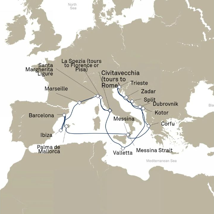 Queen Elizabeth Voyage Q824B itinerary map from Civitavecchia (tours to Rome), Italy to Civitavecchia (tours to Rome), Italy