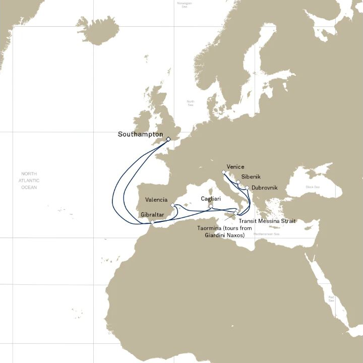 Queen Elizabeth Voyage Q825 itinerary map from Trieste, Italy to Barcelona, Spain