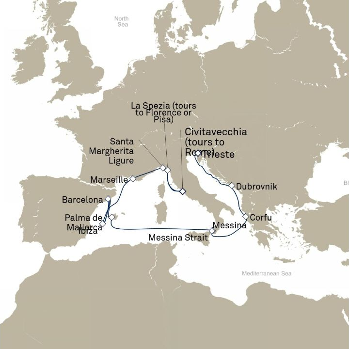 Queen Elizabeth Voyage Q825A itinerary map from Trieste, Italy to Civitavecchia (tours to Rome), Italy
