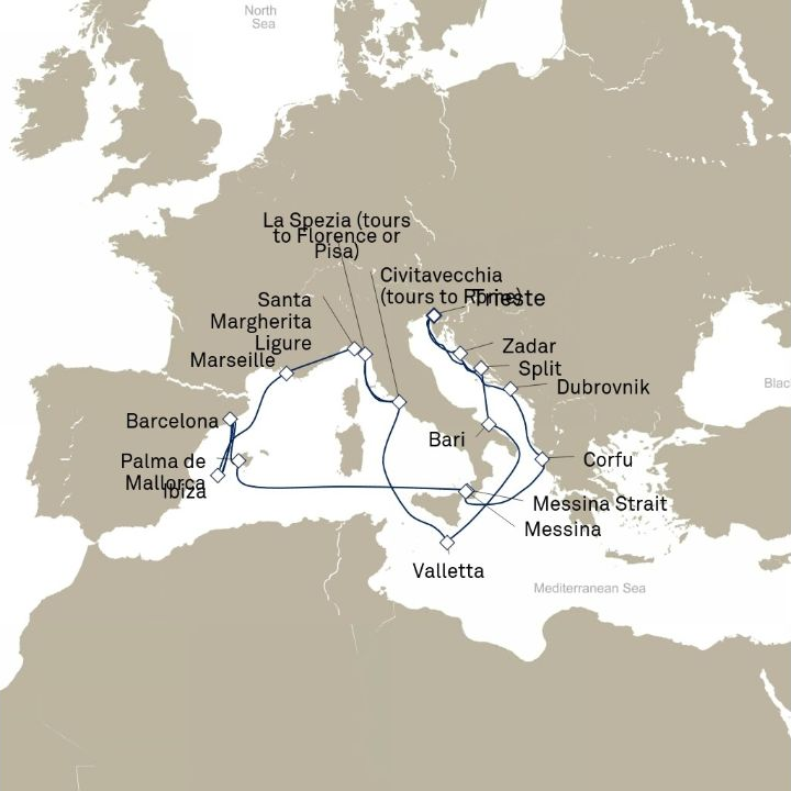 Queen Elizabeth Voyage Q825B itinerary map from Trieste, Italy to Trieste, Italy