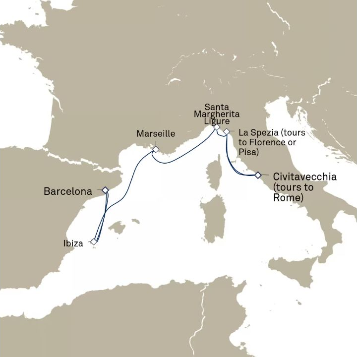 Queen Elizabeth Voyage Q826 itinerary map from Barcelona, Spain to Civitavecchia (tours to Rome), Italy