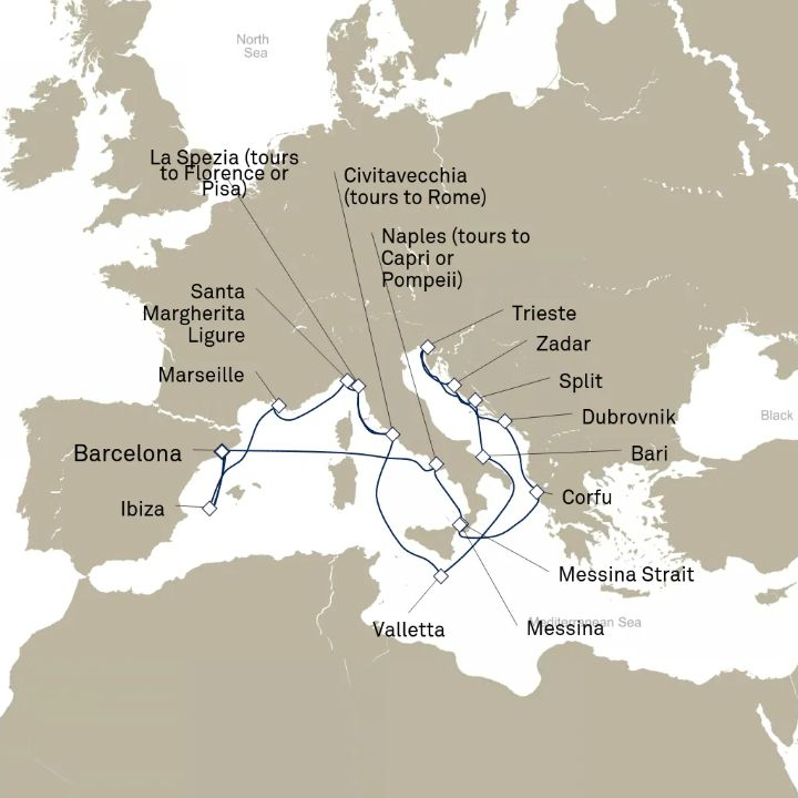 Queen Elizabeth Voyage Q826B itinerary map from Barcelona, Spain to Barcelona, Spain