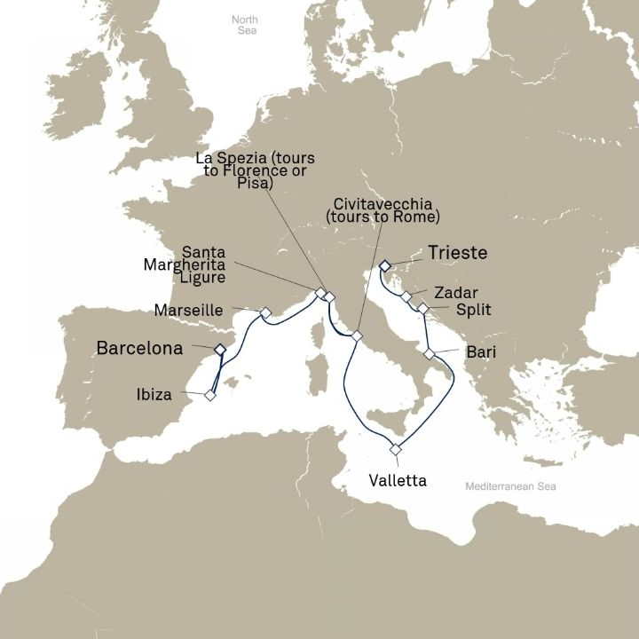Queen Elizabeth Voyage Q826A itinerary map from Barcelona, Spain to Trieste, Italy