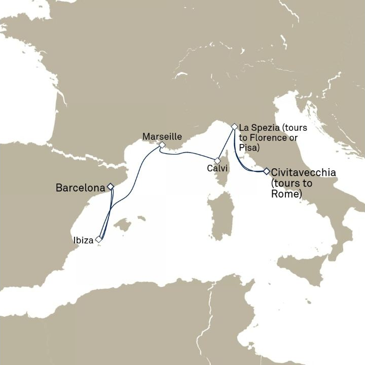 Queen Elizabeth Voyage Q823 itinerary map from Barcelona, Spain to Civitavecchia (tours to Rome), Italy