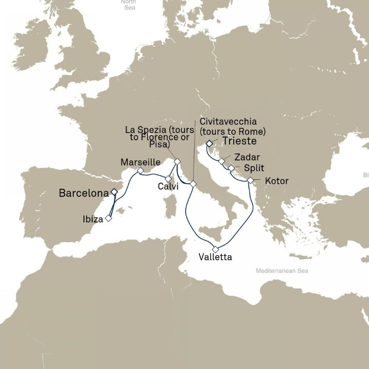 Queen Elizabeth Voyage Q823A itinerary map from Barcelona, Spain to Trieste, Italy
