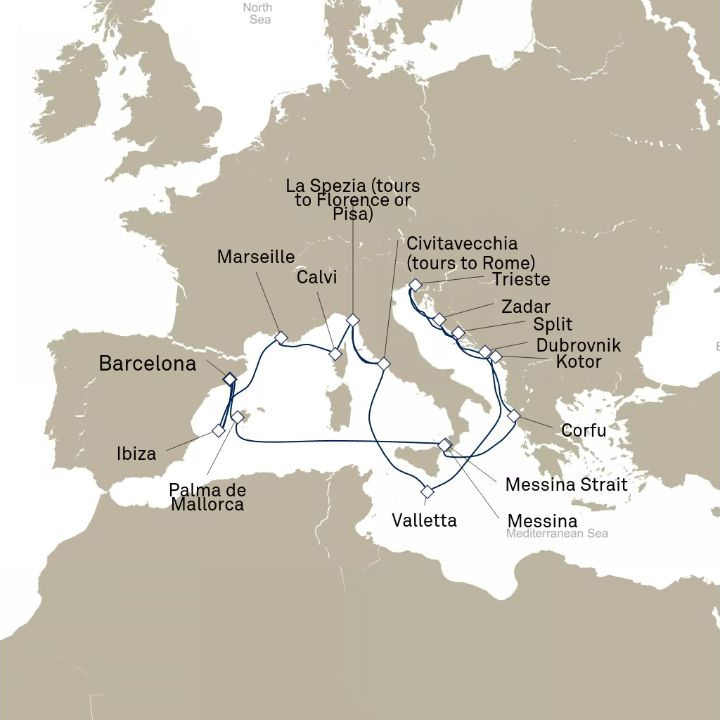 Queen Elizabeth Voyage Q823B itinerary map from Barcelona, Spain to Barcelona, Spain