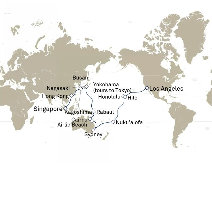 Queen Elizabeth Voyage Q804F itinerary map from Singapore to Los Angeles, CA, USA