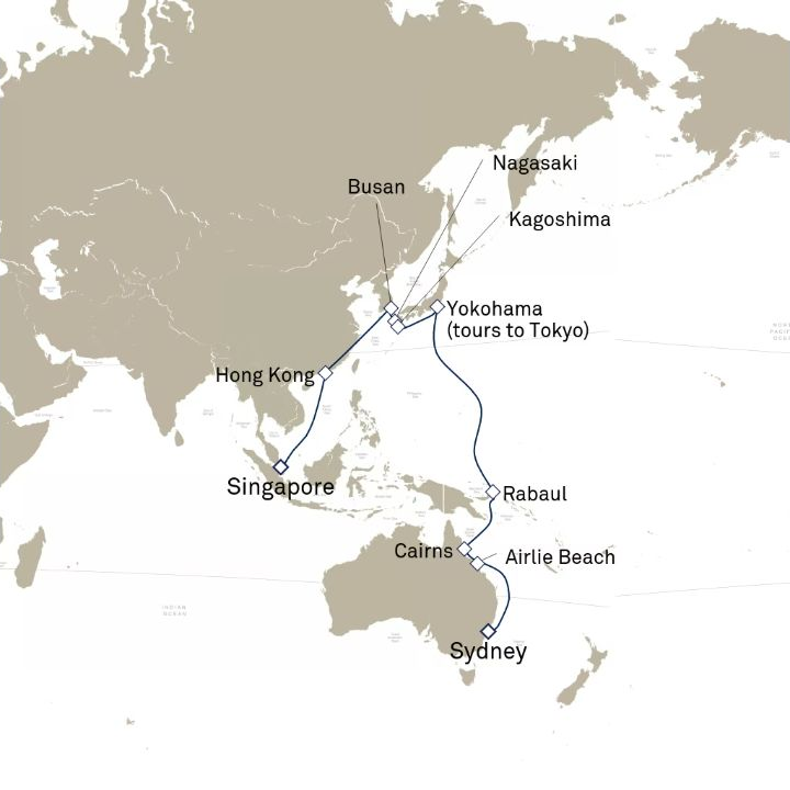 Queen Elizabeth Voyage Q804E itinerary map from Singapore to Sydney, NSW, Australia