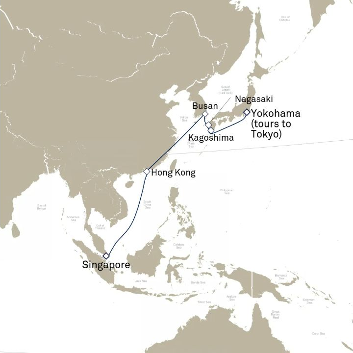 Queen Elizabeth Voyage Q804D itinerary map from Singapore to Yokohama (tours to Tokyo), Japan