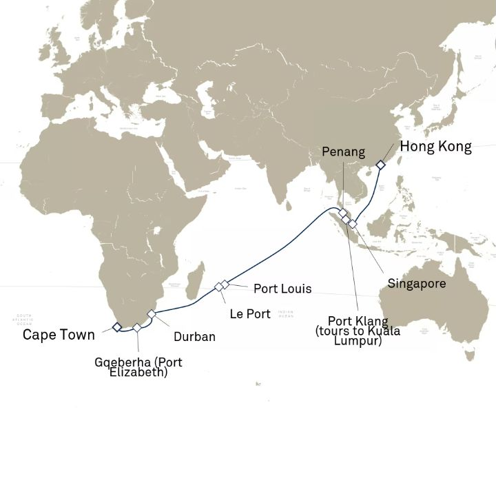 Queen Elizabeth Voyage Q804 itinerary map from Cape Town, South Africa to Hong Kong, China