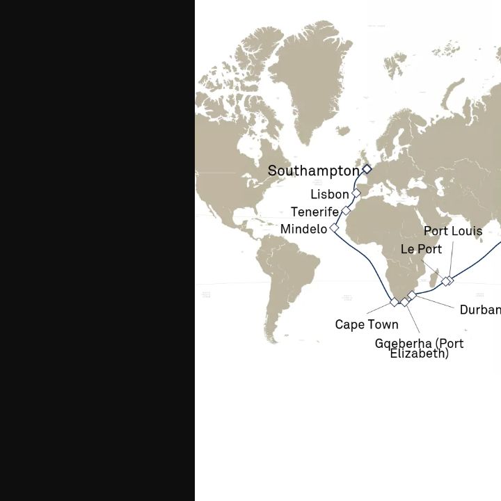 Queen Elizabeth Voyage Q803A itinerary map from Southampton, England, UK to Singapore