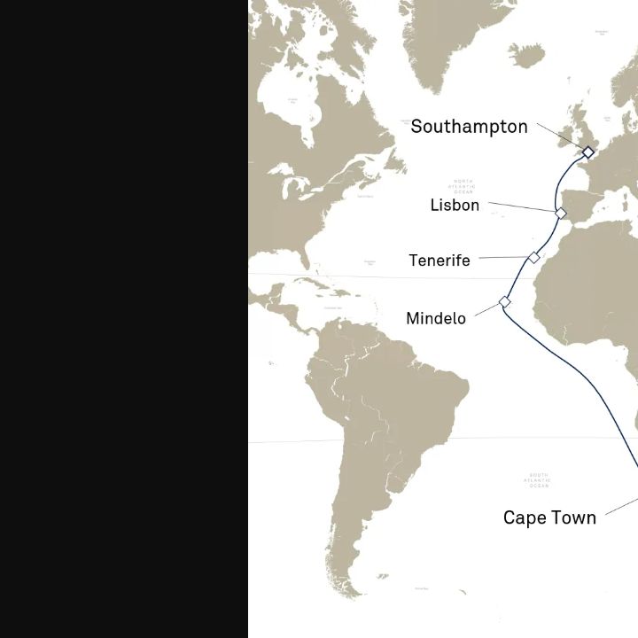 Queen Elizabeth Voyage Q803 itinerary map from Southampton, England, UK to Cape Town, South Africa