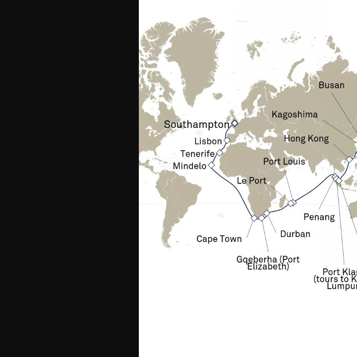 Queen Elizabeth Voyage Q803D itinerary map from Southampton, England, UK to Sydney, NSW, Australia