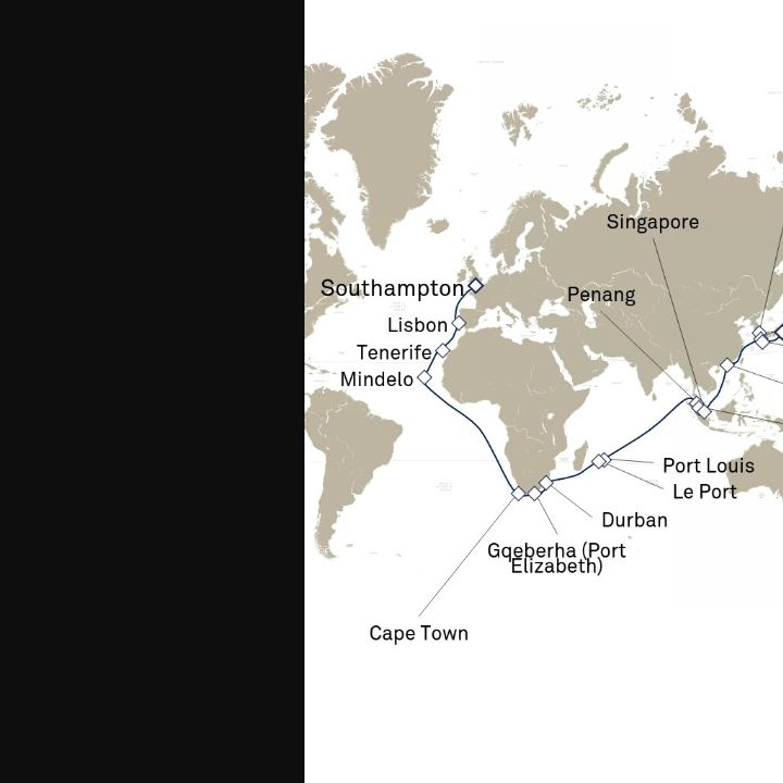 Queen Elizabeth Voyage Q803C itinerary map from Southampton, England, UK to Yokohama (tours to Tokyo), Japan