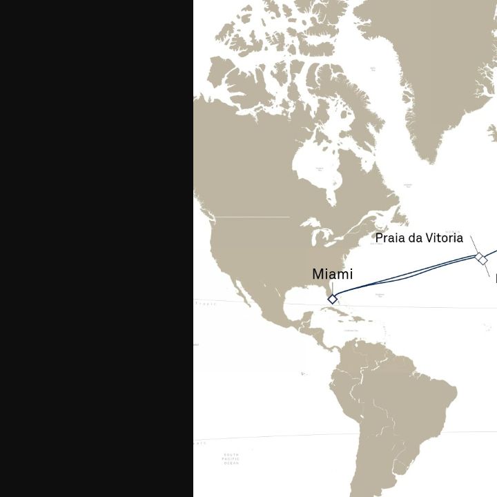 Queen Elizabeth Voyage Q802 itinerary map from Miami, FL, USA to Southampton, England, UK