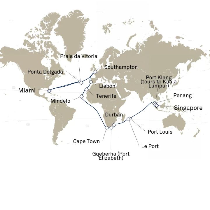 Queen Elizabeth Voyage Q802B itinerary map from Miami, FL, USA to Singapore