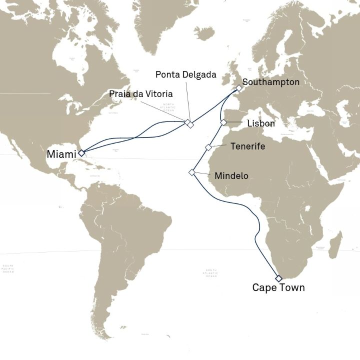 Queen Elizabeth Voyage Q802A itinerary map from Miami, FL, USA to Cape Town, South Africa
