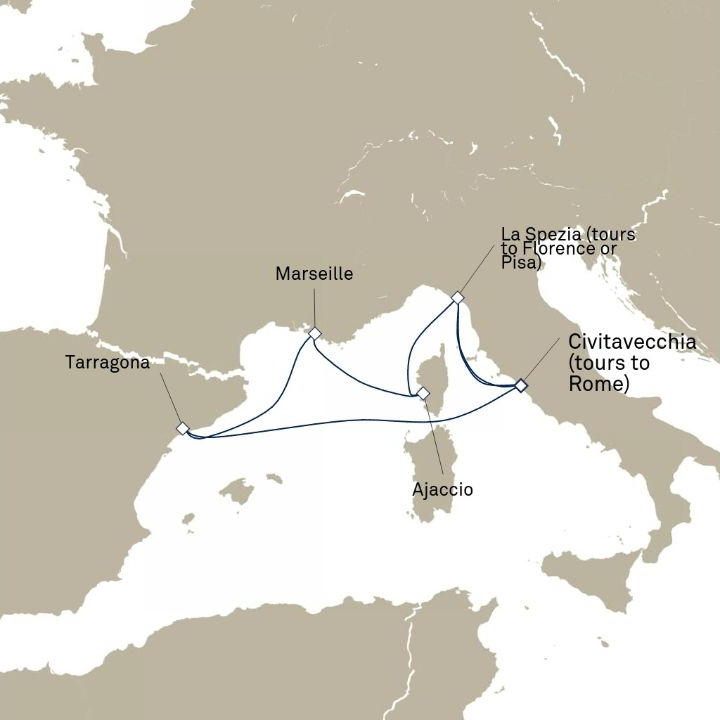 Queen Elizabeth Voyage Q820 itinerary map from Civitavecchia (tours to Rome), Italy to Civitavecchia (tours to Rome), Italy