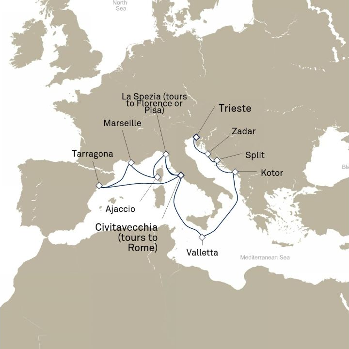 Queen Elizabeth Voyage Q820A itinerary map from Civitavecchia (tours to Rome), Italy to Trieste, Italy