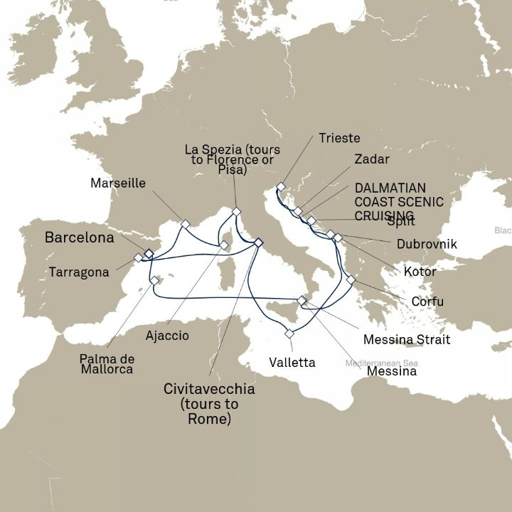 Queen Elizabeth Voyage Q820B itinerary map from Civitavecchia (tours to Rome), Italy to Barcelona, Spain