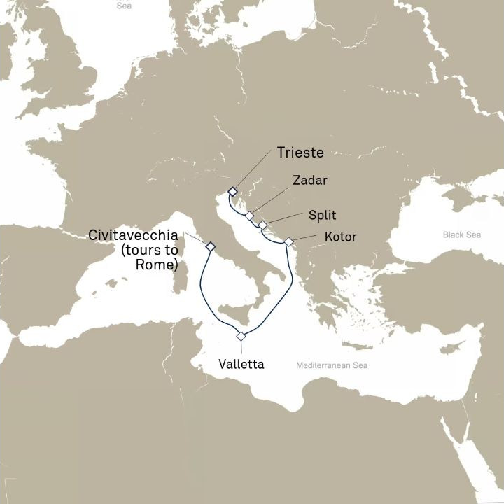 Queen Elizabeth Voyage Q821 itinerary map from Civitavecchia (tours to Rome), Italy to Trieste, Italy