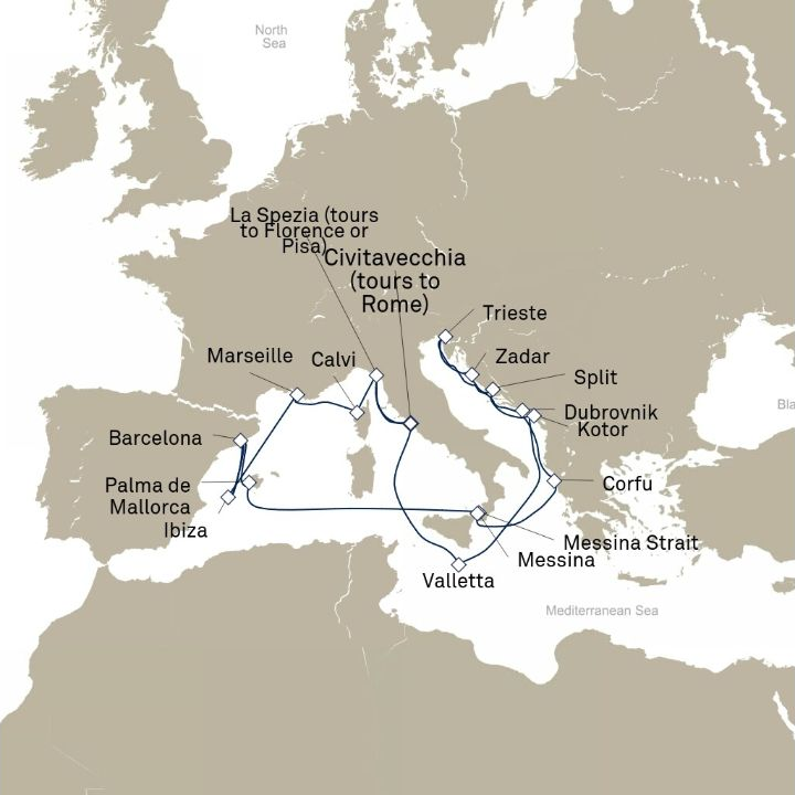 Queen Elizabeth Voyage Q821B itinerary map from Civitavecchia (tours to Rome), Italy to Civitavecchia (tours to Rome), Italy