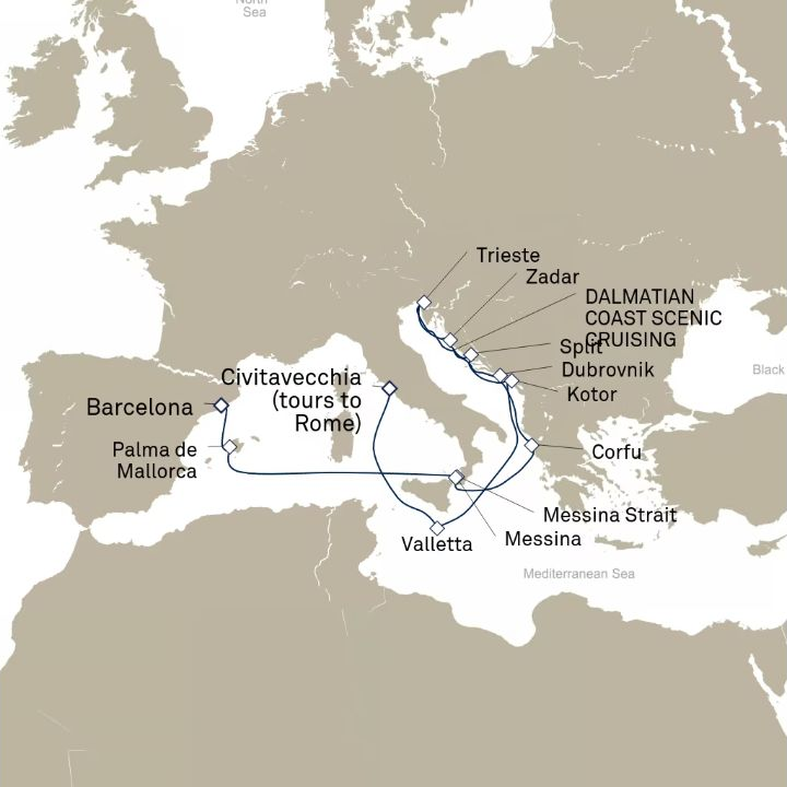Queen Elizabeth Voyage Q821A itinerary map from Civitavecchia (tours to Rome), Italy to Barcelona, Spain