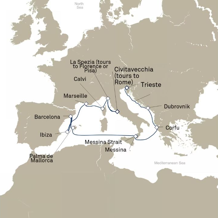 Queen Elizabeth Voyage Q822A itinerary map from Trieste, Italy to Civitavecchia (tours to Rome), Italy