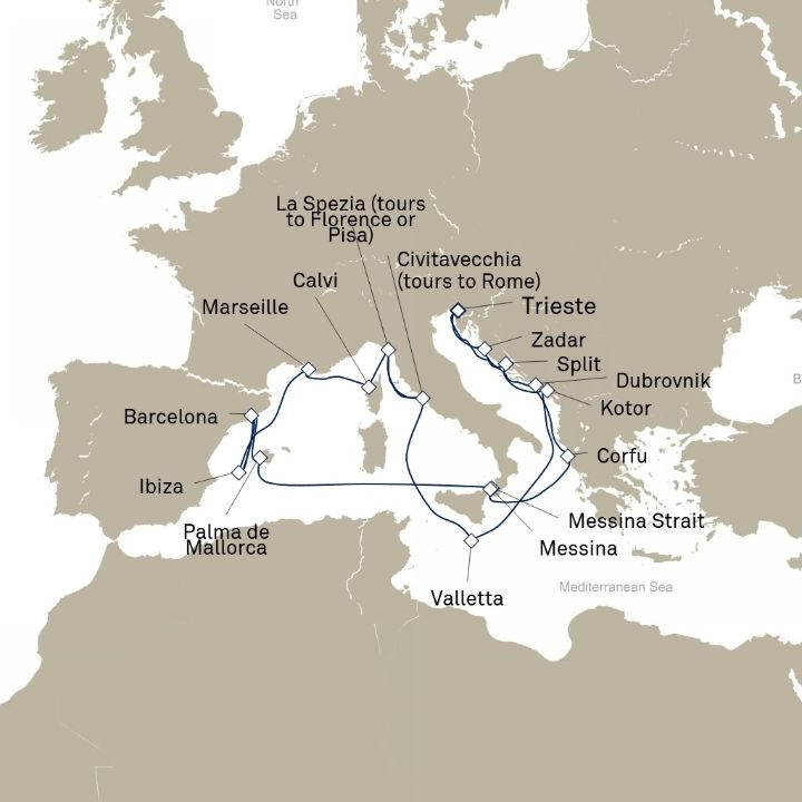Queen Elizabeth Voyage Q822B itinerary map from Trieste, Italy to Trieste, Italy