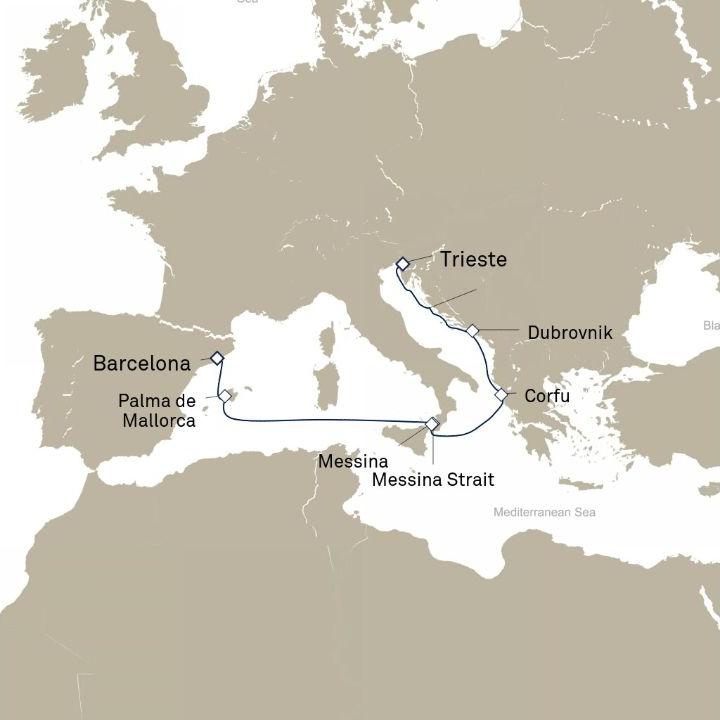 Queen Elizabeth Voyage Q822 itinerary map from Trieste, Italy to Barcelona, Spain