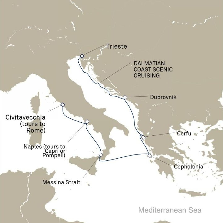 Queen Elizabeth Voyage Q819 itinerary map from Trieste, Italy to Civitavecchia (tours to Rome), Italy