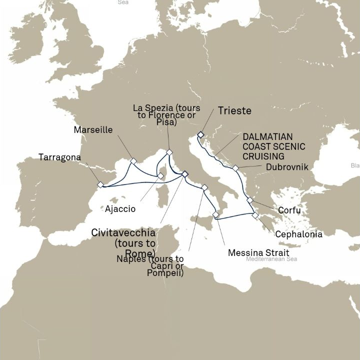Queen Elizabeth Voyage Q819A itinerary map from Trieste, Italy to Civitavecchia (tours to Rome), Italy