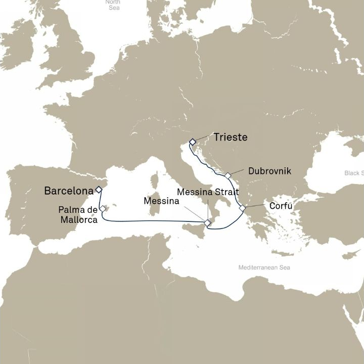 Queen Elizabeth Voyage Q816 itinerary map from Trieste, Italy to Barcelona, Spain
