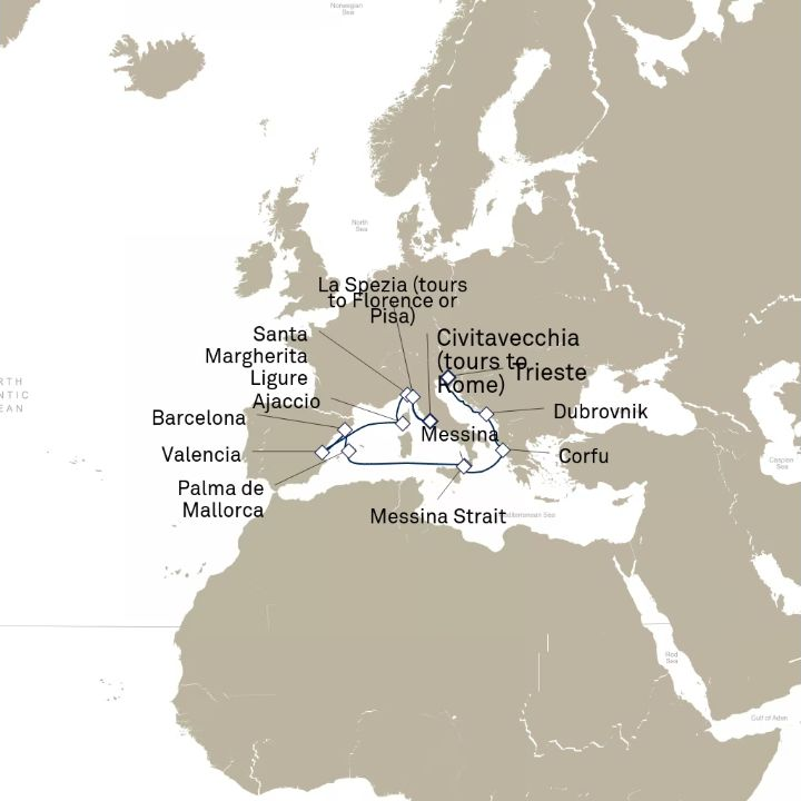 Queen Elizabeth Voyage Q816A itinerary map from Trieste, Italy to Civitavecchia (tours to Rome), Italy