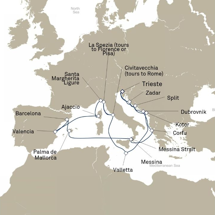 Queen Elizabeth Voyage Q816B itinerary map from Trieste, Italy to Trieste, Italy