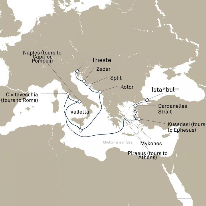 Queen Elizabeth Voyage Q814A itinerary map from Istanbul, Turkey to Trieste, Italy