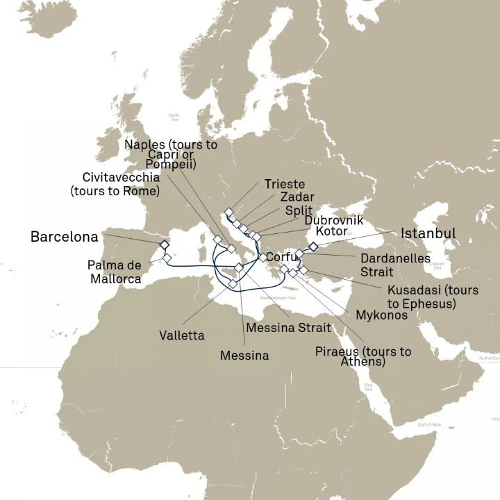 Queen Elizabeth Voyage Q814B itinerary map from Istanbul, Turkey to Barcelona, Spain
