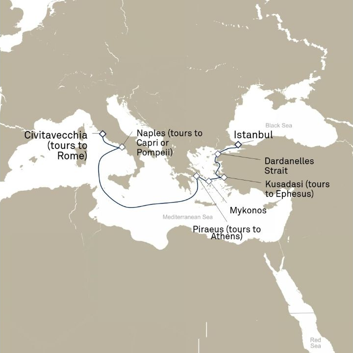 Queen Elizabeth Voyage Q814 itinerary map from Istanbul, Turkey to Civitavecchia (tours to Rome), Italy