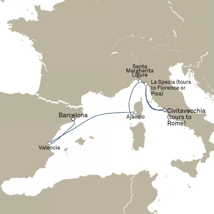 Queen Elizabeth Voyage Q817 itinerary map from Barcelona, Spain to Civitavecchia (tours to Rome), Italy