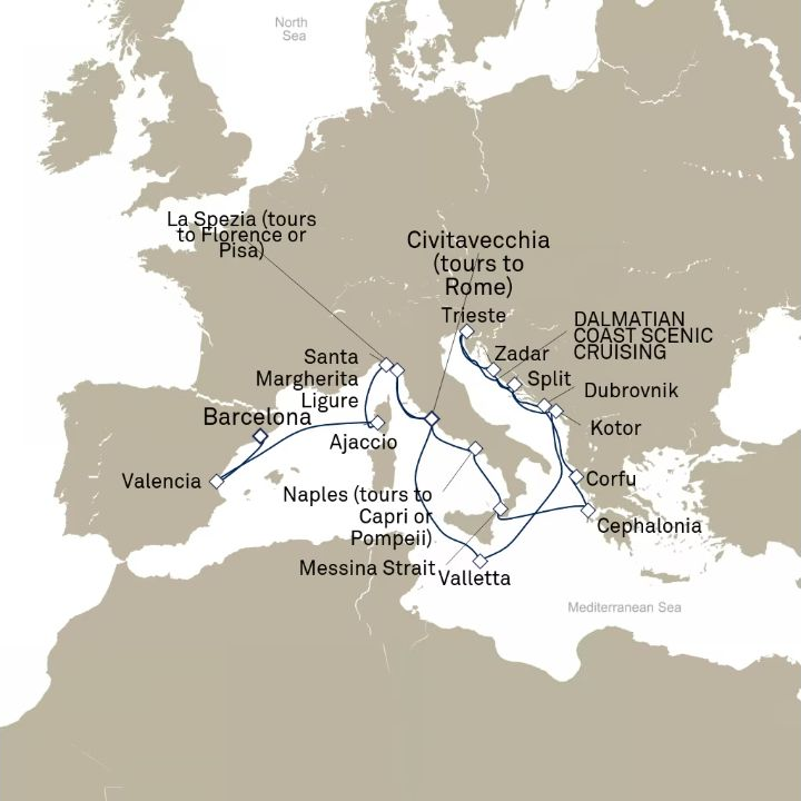 Queen Elizabeth Voyage Q817B itinerary map from Barcelona, Spain to Civitavecchia (tours to Rome), Italy