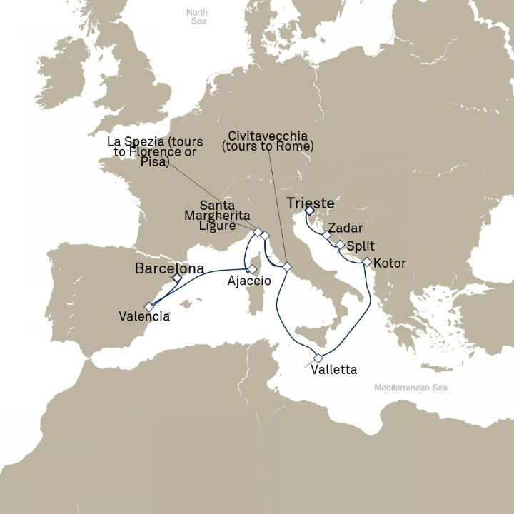 Queen Elizabeth Voyage Q817A itinerary map from Barcelona, Spain to Trieste, Italy
