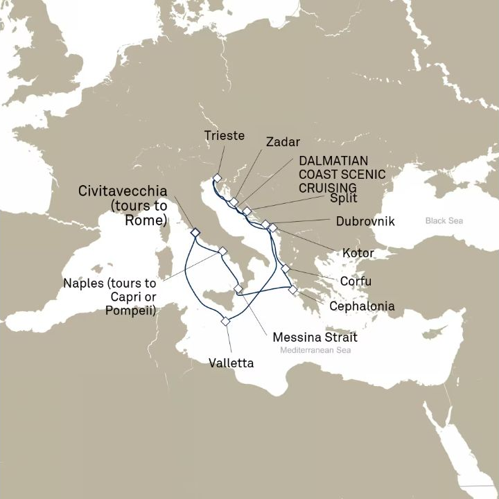 Queen Elizabeth Voyage Q818A itinerary map from Civitavecchia (tours to Rome), Italy to Civitavecchia (tours to Rome), Italy